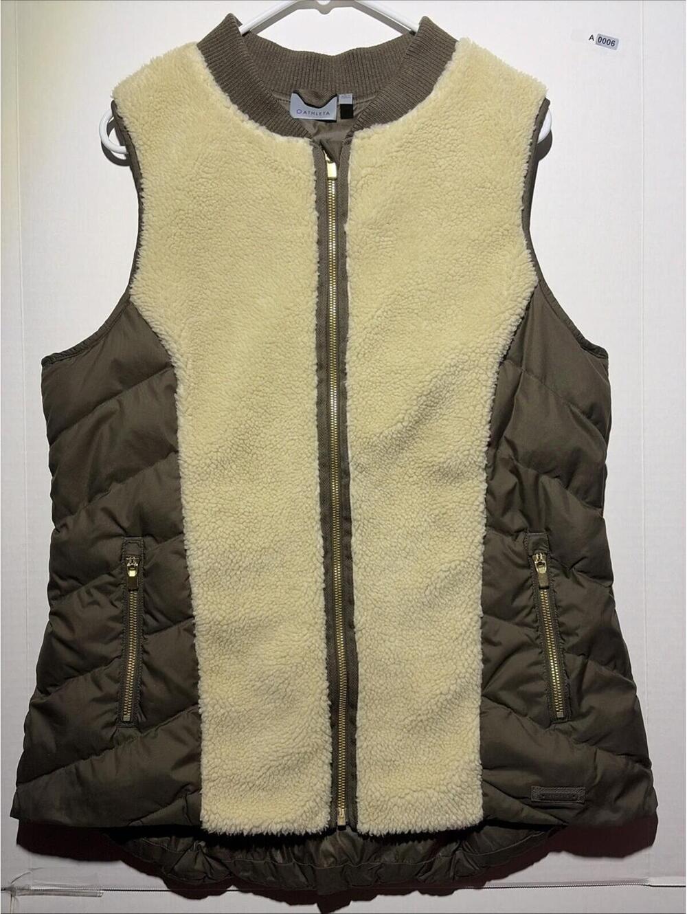 Athleta Vest Women Large Puffer Goose Down Green with Golden Full Zip More RARE